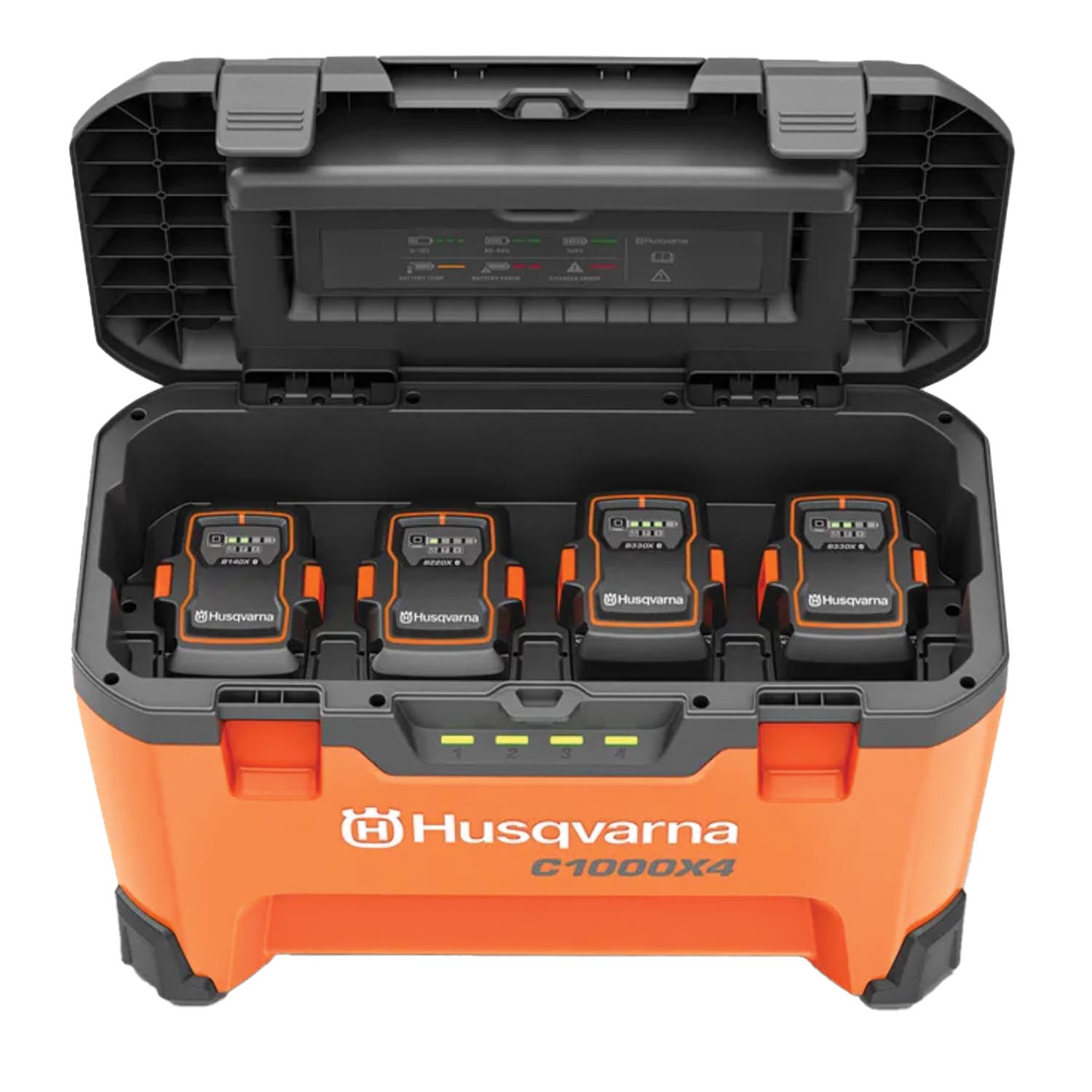 Husqvarna is set to release the 40-C1000X4 MRC (multi rack charger) Case that accommodates up to four Husqvarna batteries.